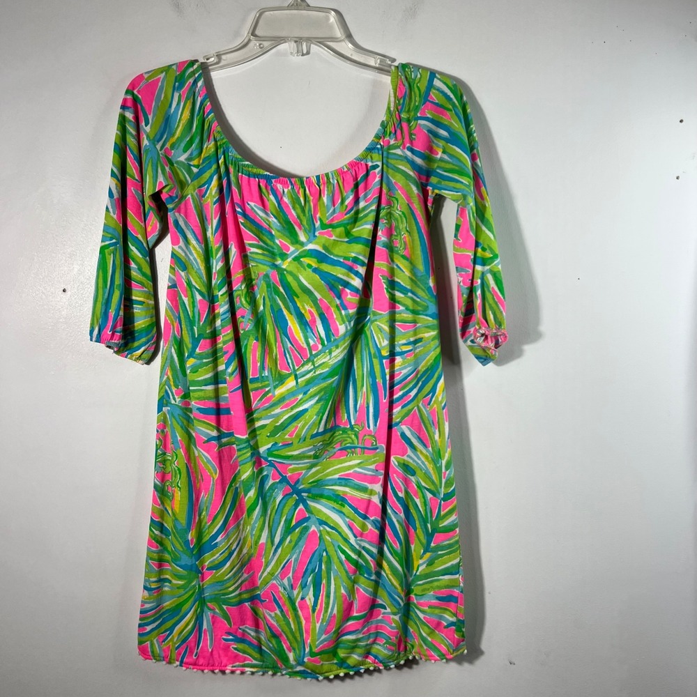 Girls Lilly Pulitzer Mini Enna Dress Tiki XL 12/14 Off Shoulder PomPom Hem